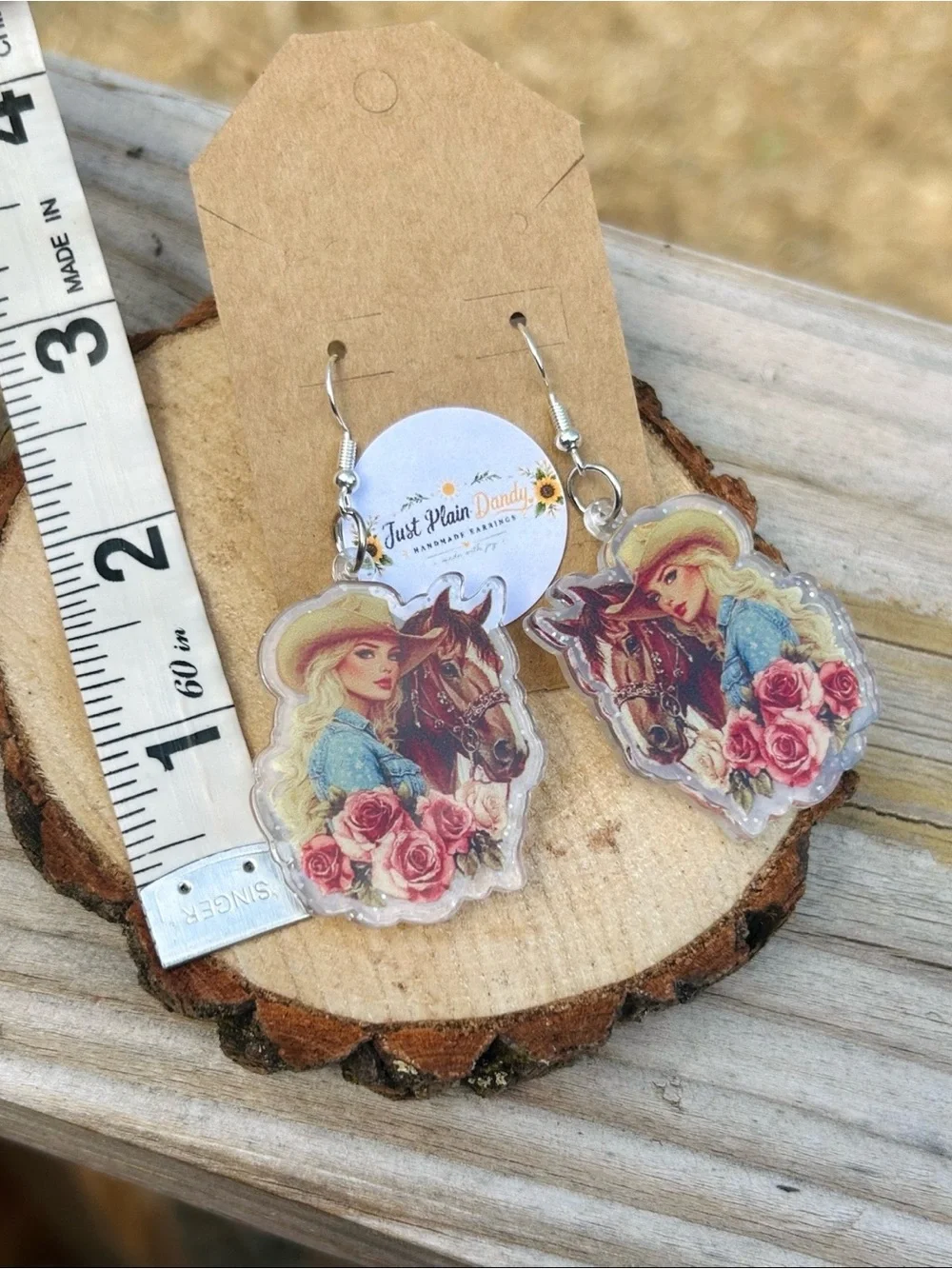 Cowgirl Horse Rose Acrylic Dangle Earrings Western Country Handmade